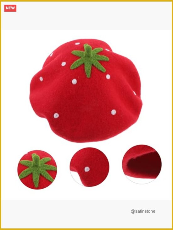 Wool Beret Hat with Strawberry Design Washable Windproof Winter Headwear main image 5
